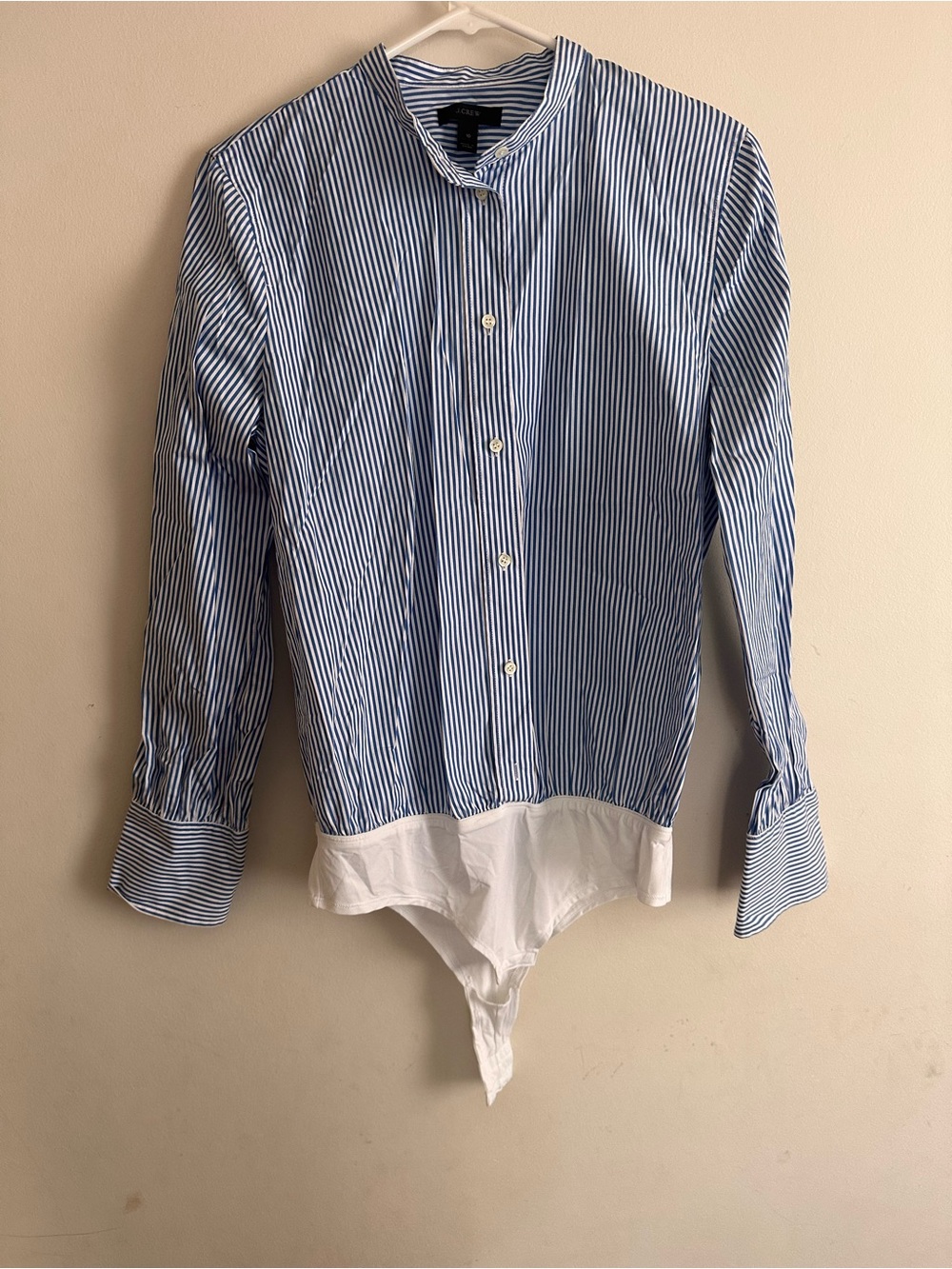 J. Crew Blue and White Striped Button-Down Bodysuit Shirt, Size 10